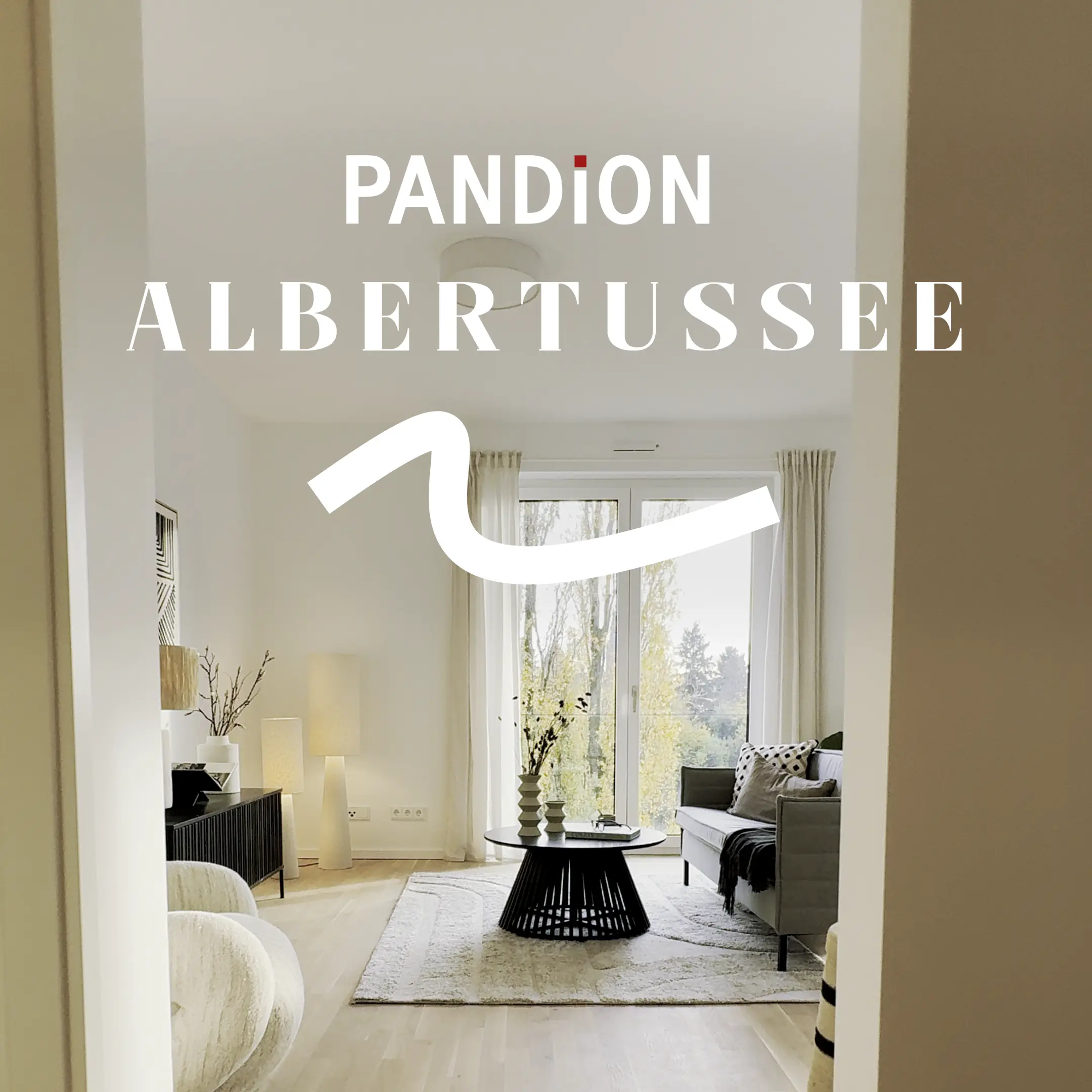 Thumbnail des Immobilienvideos für die Wohnung am Albertussee in Düsseldorf, mit einem modernen Wohnbereich, der durch große Fenster viel Licht erhält, einem stilvollen Couchtisch und einer gemütlichen Sitzecke.